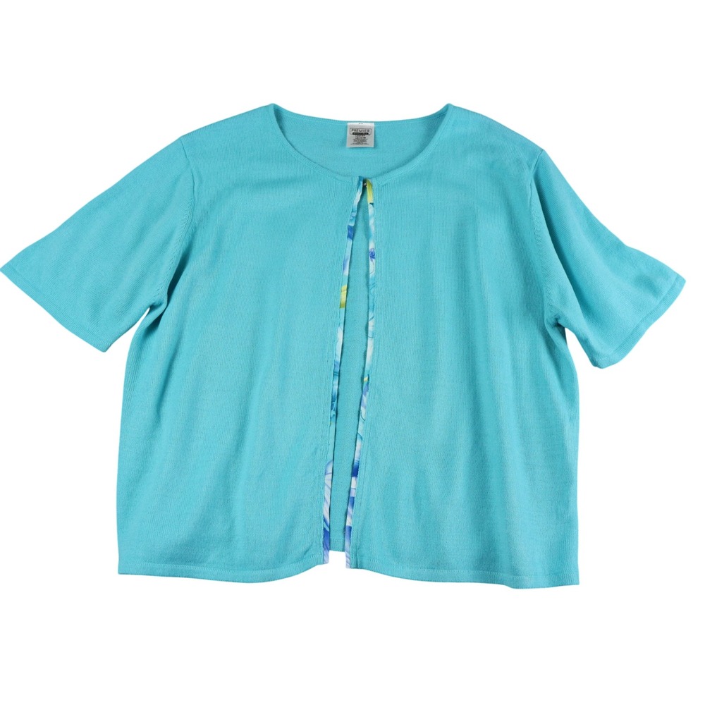 Premier International Ladies Aqua Blue Short Sleeve‎ Cardigan Sweater L 14 16